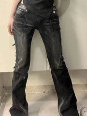 Hnewly  American Street Low-waisted Flare Pants Black Gray Gradient Denim Trousers Y2k Vintage Washed Straight Wide Leg