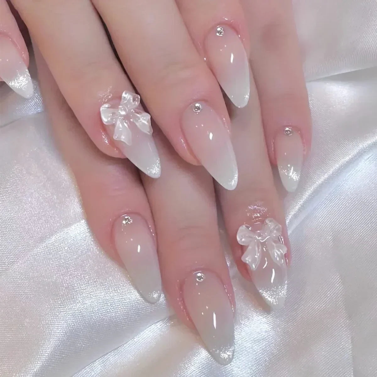 Hnewly 24Pcs Cat Eye Press on Nails with Almond Head Bow Diamond Stick on False Nail Sweet Pink French Full Cover Artificial Nails Tips