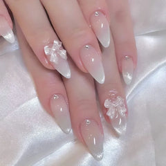 Hnewly 24Pcs Cat Eye Press on Nails with Almond Head Bow Diamond Stick on False Nail Sweet Pink French Full Cover Artificial Nails Tips