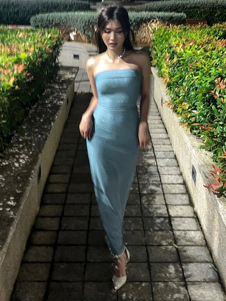Hnewly Bling Glitter Sexy Y2K Clothes Sleeveless Backless Tube Bodycon Birthday Maxi Dresses For Women Club Evening Party