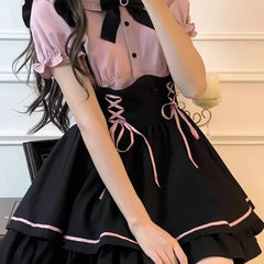 Hnewly  Japanese Sweet Cute Lolita Two Piece Sets Y2k Bow Puff Sleeve Shirts Women Summer New Slim Waist Black Skirts