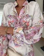 Hnewly  Women's Fashionable Two - Piece Set, A Floral Print Button - Front Blouse Combined with Shorts, Completed with a Belt Detail.