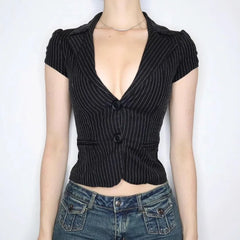 Hnewly  American Sexy V-neck All-match Striped Shirt Women New Slim Waist Blouses Summer Short Sleeve Black Blusas De Mujer