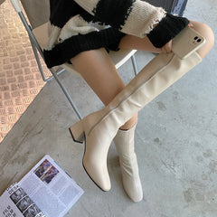Hnewly Knee-length Boots Women Women's Rubber Shoes Sexy Square Heel Thigh High Heels Luxury Winter Heeled Booties Black