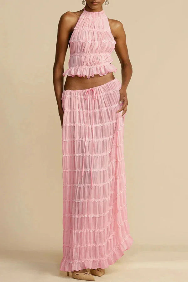 Hnewly Fashion Sexy Halter Neck Strap Vest Women's Aesthetic Lace Pleated Long Skirt Suit Spring Summer