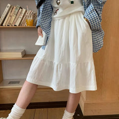 Hnewly  Japanese Style Elastic Waist A Line Skirt Women Summer High Waisted Knee High Skirts Woman College Pocket Solid Color Skirt