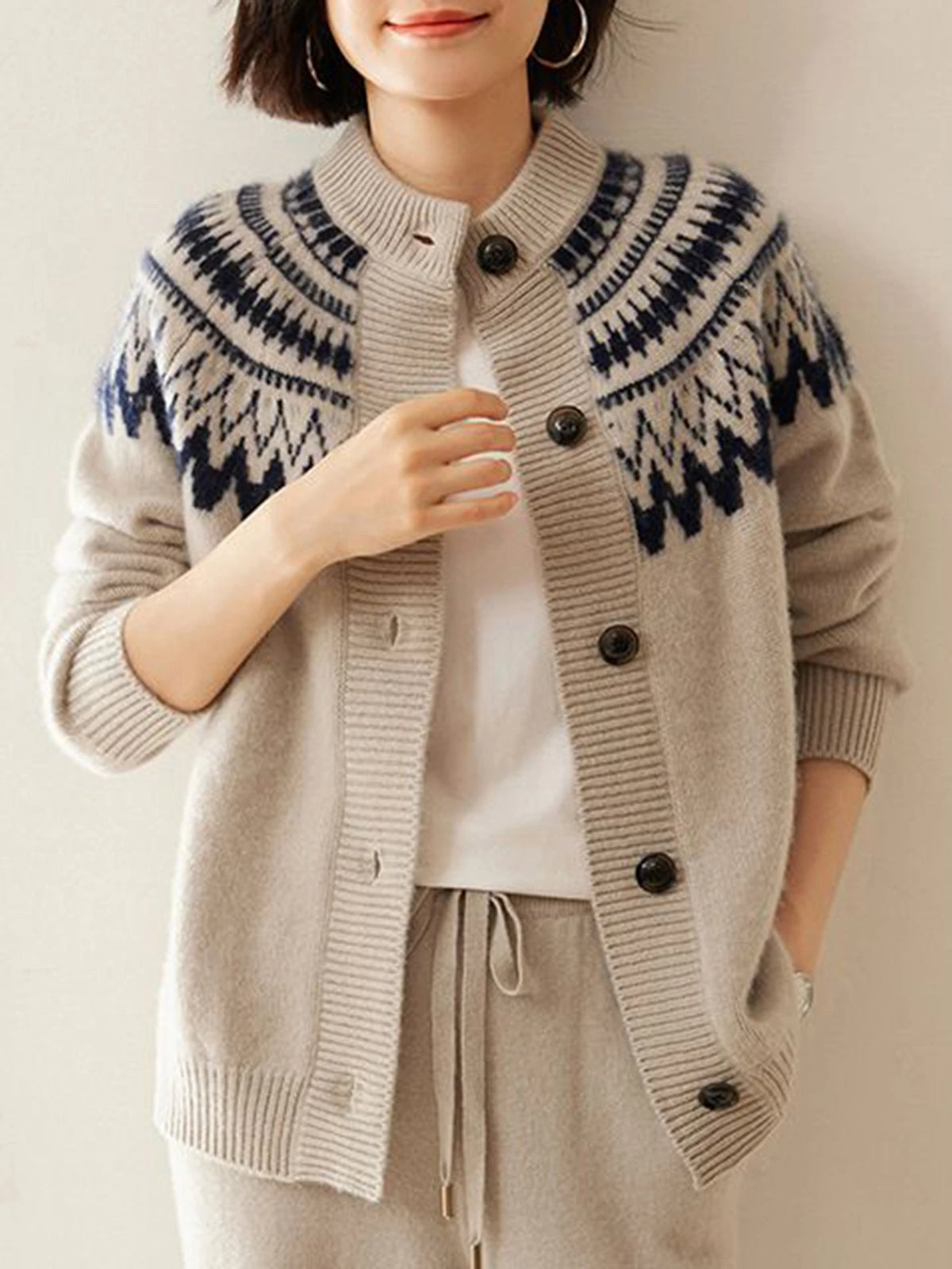Hnewly  Fair Isle Knit Sweater Cardigan Women Cozy Stand Collar Button Front Sweater Jacket Teen-Girl Fall Winter Vintage Chic Outfit