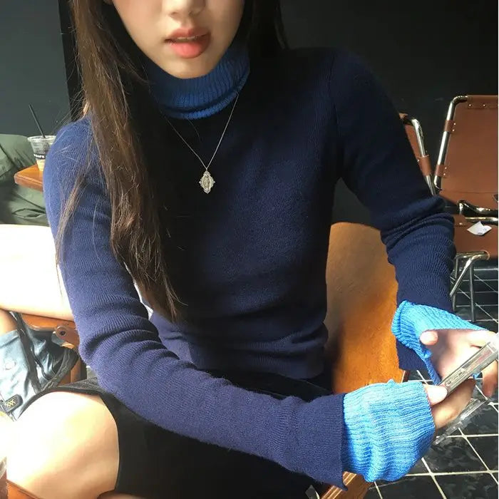 Hnewly Vintage Fake Two Piece Knitted Tops Mujer 2025 Autumn Winter Half-high Collar T-shirt for Women Y2k Slim Fit Long Sleeve Tees