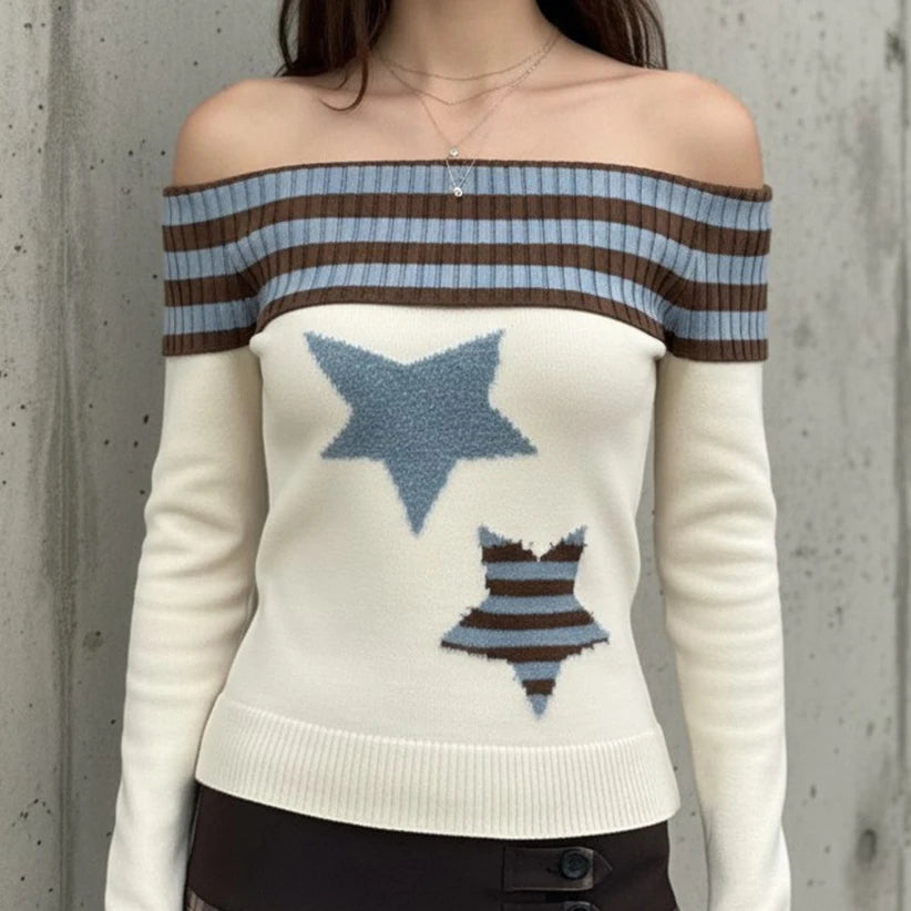 Hnewly  Harajuku Slash Neck Stripe Sweaters Grunge Vintage Women Star Jacquard Pullovers Y2k Aesthetic Sexy Knitted Bodycon Jumper