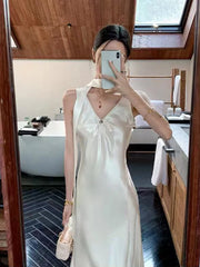 Hnewly Elegant Satin V Neck Dress Women Y2K Korean Chic Ribbon Slim Midi Dress Summer Sexy Hollow Out Folds Sleeveless Vestidos Mujer