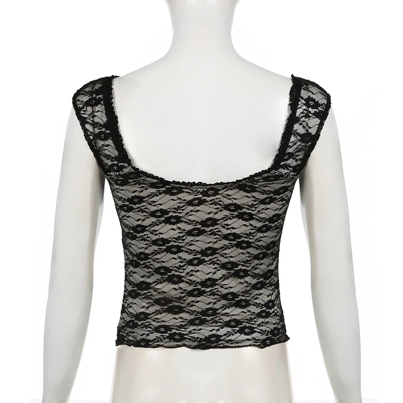 Hnewly Streetwear Fashion Sexy Blac Lace T shirt Female Tie-Up Bow Skinny Crop Top Hot Sale Y2K 2000s Aesthetic Tee Outfits