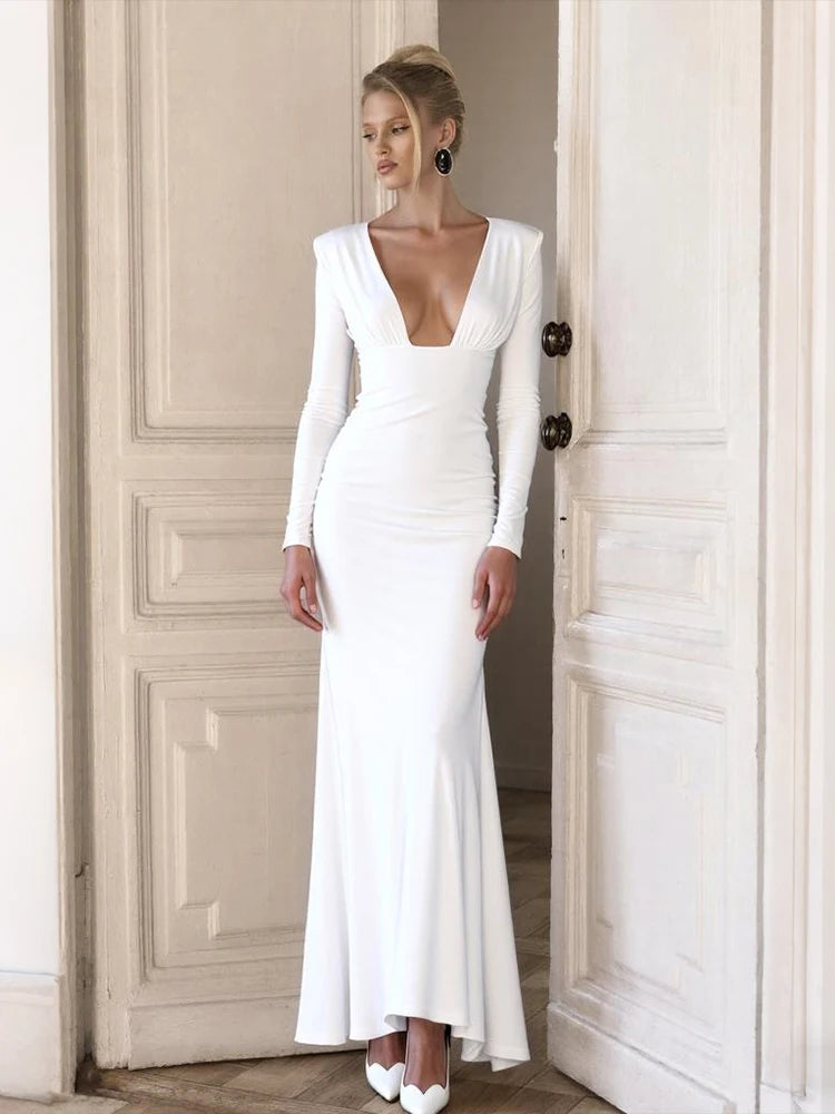 Hnewly  Cutenew Elegant Classic Deep V-Neck Dress Women Fashion Ruched Full Sleeve Stretch Skinny Party Banquet Gown Trend Vestidos