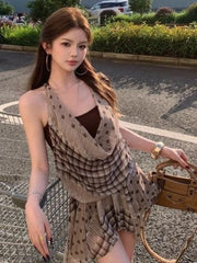 Hnewly  Streetwear Plaid Patchwork Dresses Halter Backless Sexy Grunge Y2k Aesthetic Irregular Vestidos Harajuku Woman Sleeveless Dress
