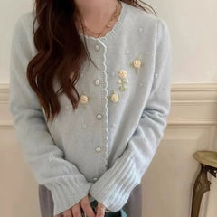 Hnewly  Flower Appliques Lace Edge Knit Sweater Women's Sweet Long Sleeve O-neck 2025 Early Autumn Knitwear Loose Single Breasted Tops