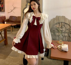 Hnewly Long Sleeve A-line Dress Women Princess Ruffles Bow Contrast Color Age-reducing Autumn Elegant Girlish Attractive Korean Style