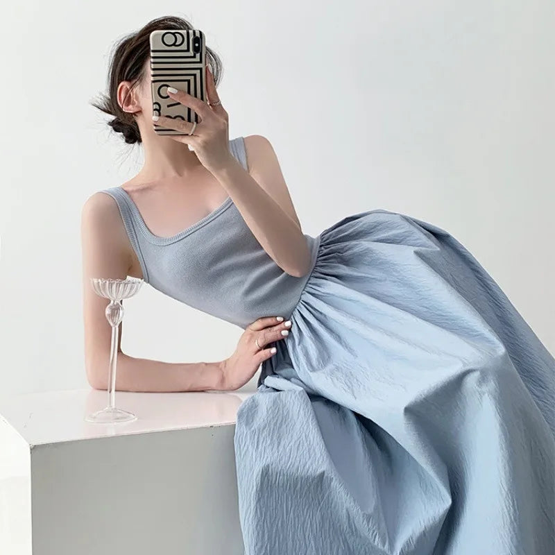Hnewly  Temperament Apricot Suspender Dress Gentle Summer Vacation Style Waist Cinched Backless Big Swing A-line Long Skirt