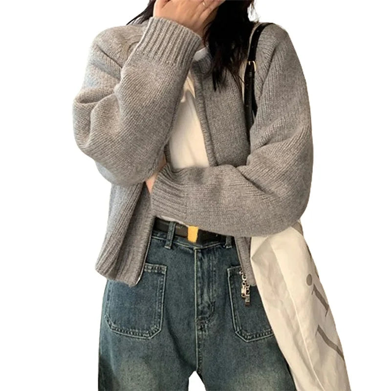 Hnewly Sweater y2k Clothes Women Soft Warm Solid Color Round Neck Zip Up Long Sleeve Knitted Tops 2000s Clothing Streetwear