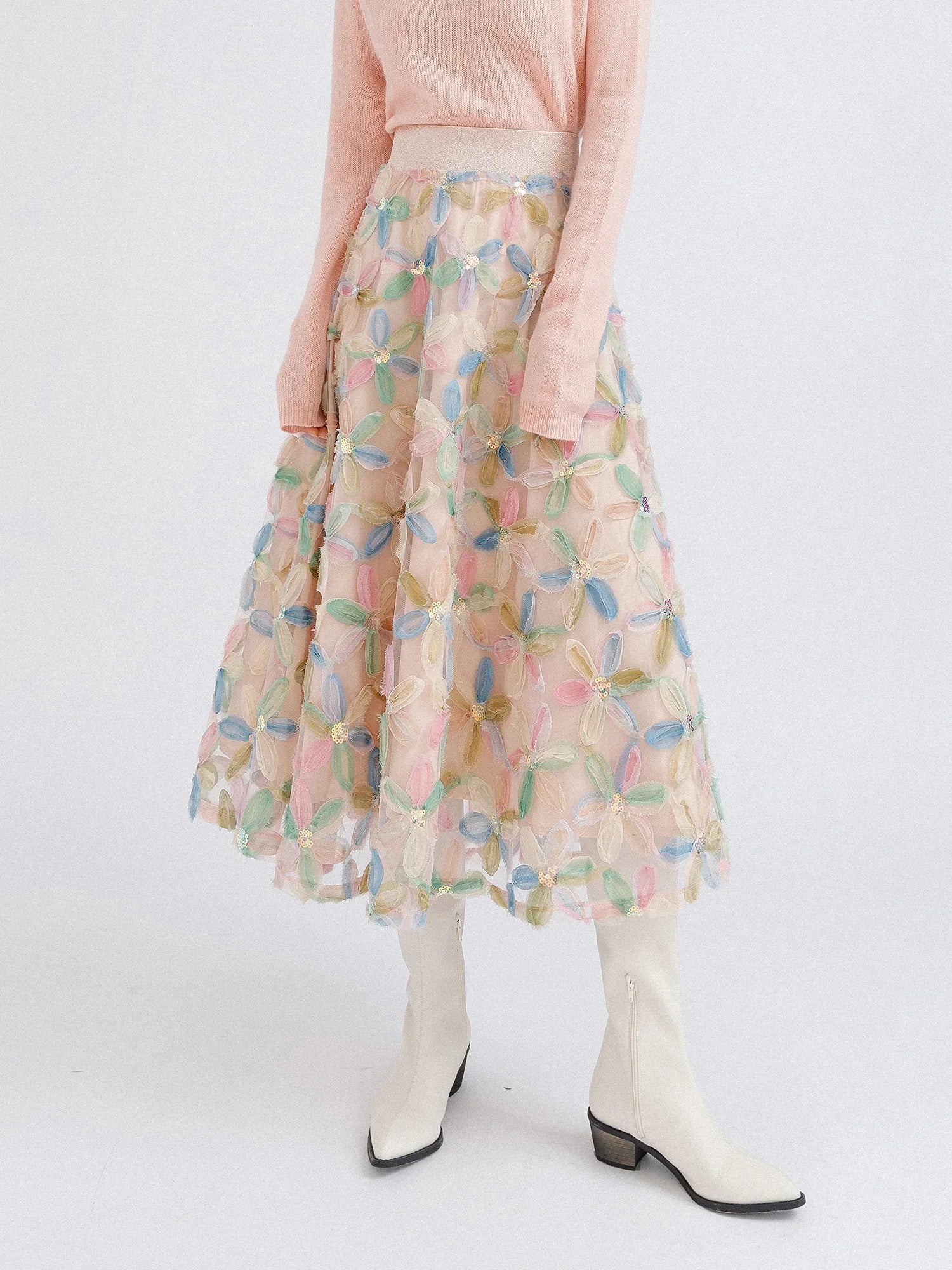 Hnewly Vintage Beading 3D Floral Tulle Long Skirt Women Summer Elegant Elastic High Waist A Lien Pleated Skirts Female Faldas Aesthetic