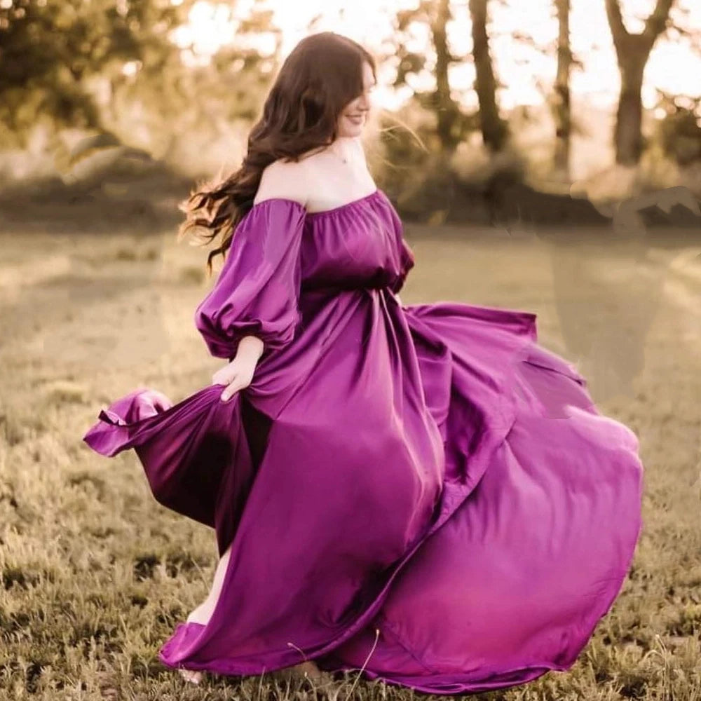 Hnewly  Maternity Photography Dress Gown Soft Satin Off Shoulder Woman Dresses Baby Shower Gift Dress For Pregnancy Photo Shoot Props