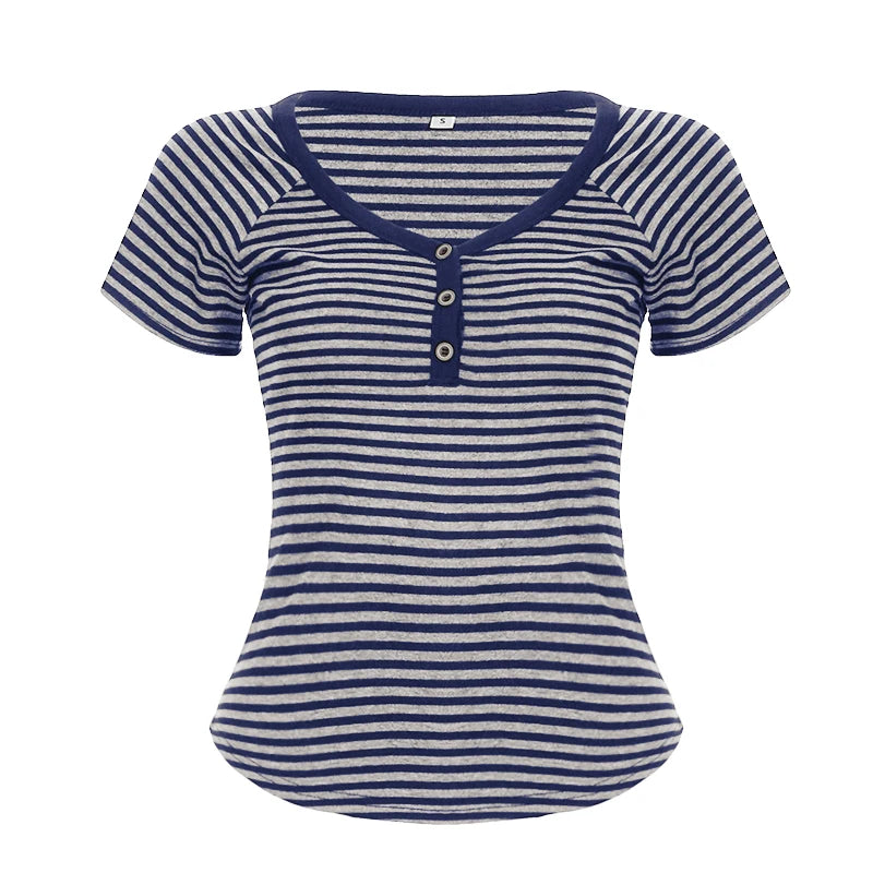 Hnewly Harajuku Striped Print Crop Top Summer Vintage 2000s Button-up V Neck Short Sleeve T-shirts for Women y2k Streetwear Tees