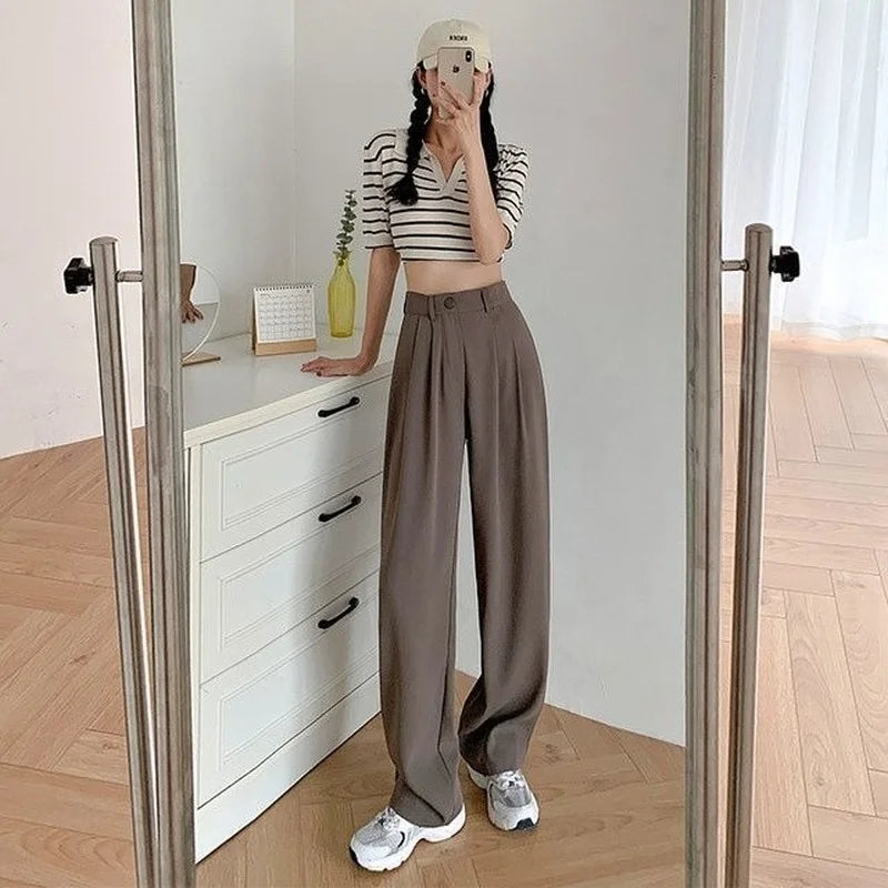 Hnewly Trousers for Women Summer Women's Suit Pants White High Waist Fluid Korean Style Wide Leg Palazzo Straight Fashion Casual