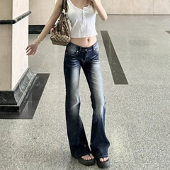 Hnewly  Harajuku Vintage Low Waist Jeans for Women Streetwear Y2K Slim Fit Long Pants Woman Spring Autumn Retro Flared Denim Trousers