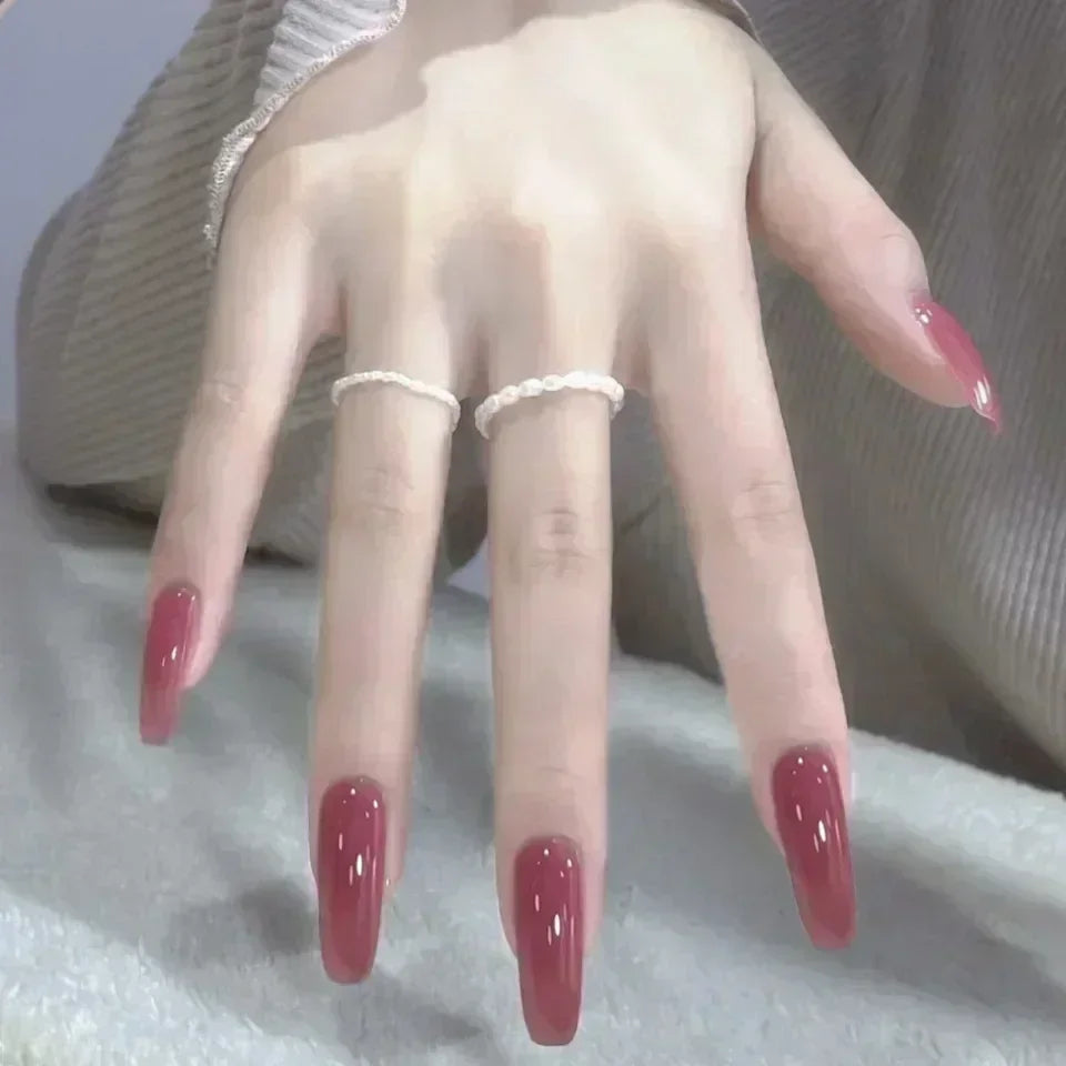 Hnewly 24pcs/Box Long Coffin False Nails Art Rose with Glue Wearable Nude Pink White Color Jelly Nails Tips Full Cover Press On Nails