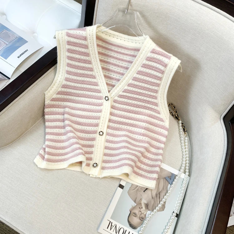 Hnewly  Spring V-Neck Striped Knitted Vest Korean Hollow Out Sleeveless Top Women's 2023 Autumn Loose All-Matched Outwear Cardigan Tank