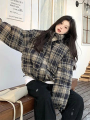 Hnewly  Winter Vintage Warm Plaid Parkas Women Thick Loose Long Sleeve Cute Cotton Coat Casual American Retro Stand Collar Y2K Tops