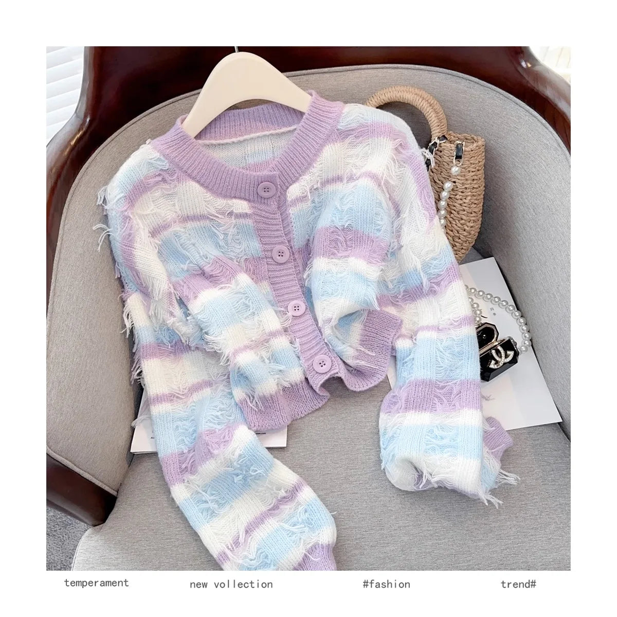 Hnewly Striped Fashion Tassel Sweater Women's Autumn Single Breasted  O-Neck New Short Knitted Cardigan Long Sleeve Top