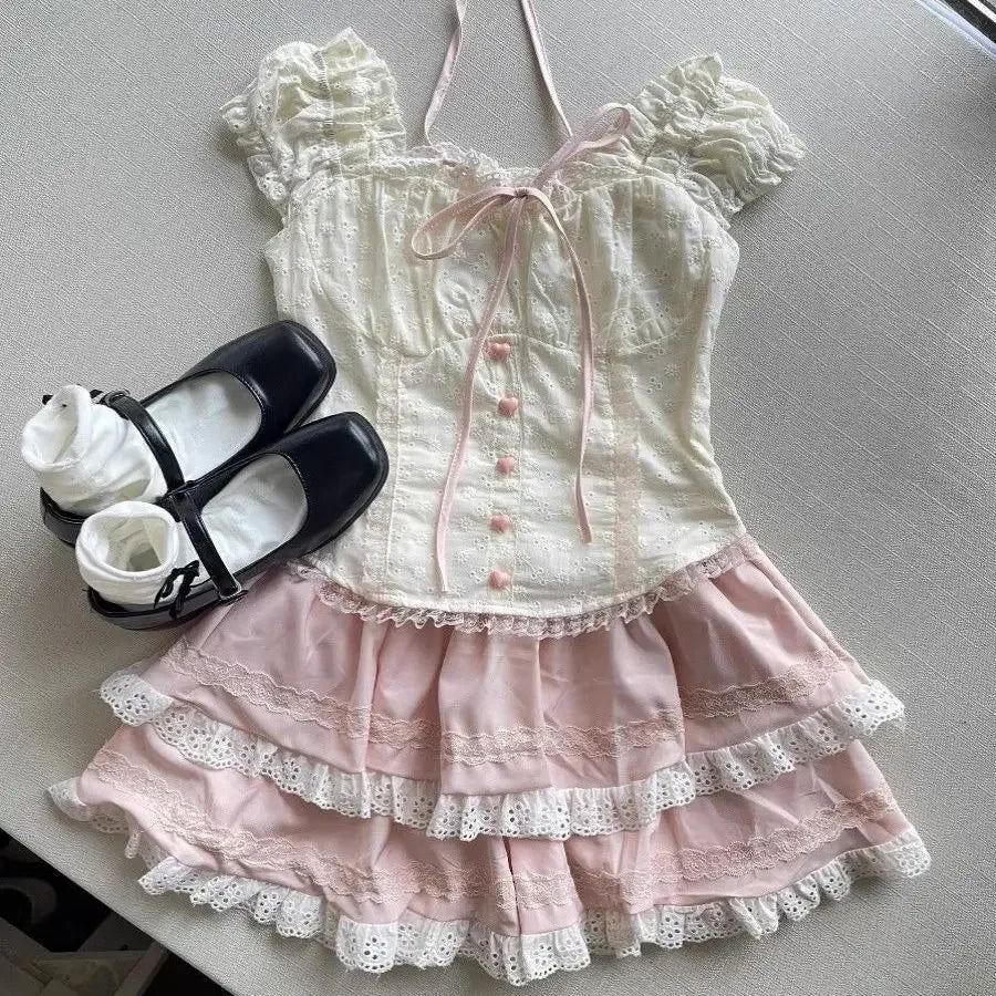 Hnewly  Summer Sweet Slash Neck Slim 2-piece Set Women Fashion Cute Off Shoulder Lace Up Tops Pretty Chic Lovely Lace Short Skirt New
