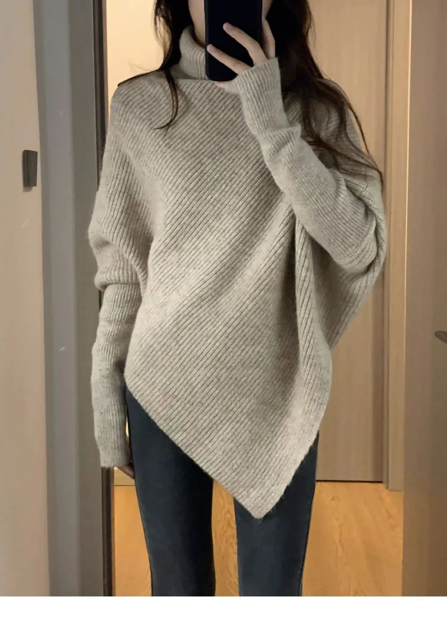 Hnewly  High Neck Irregular Sweater Women's Autumn Winter Korean Version Loose Soft Knitted Top Elegant Long Sleeved Pullover