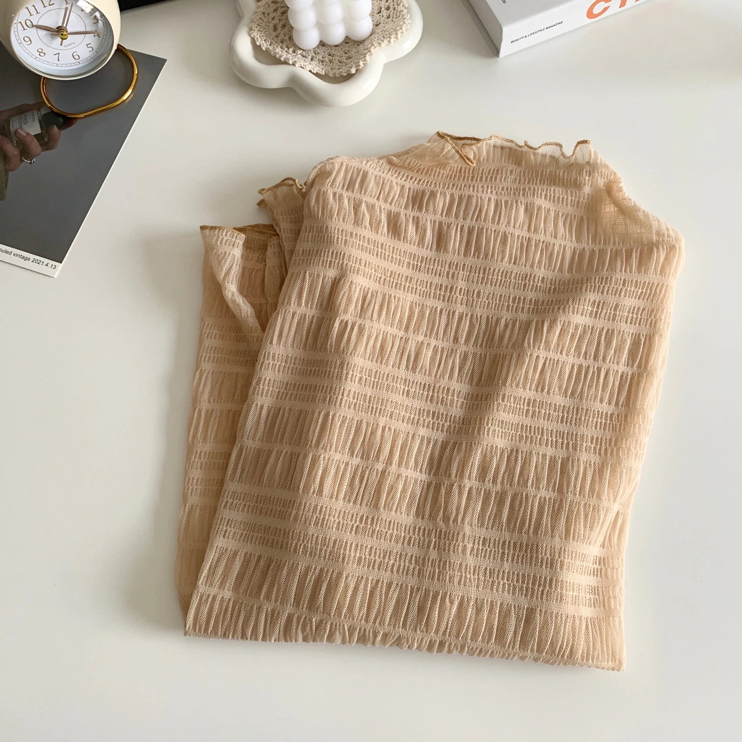 Hnewly Women T-Shirts Vintage Pleat Long SleeveTop Spring Autumn Mesh Fabric Lace Half Turtleneck Korean Fashion All-match Shirt
