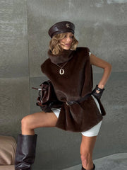 Hnewly  Street Faux Fur Shawl Women Fashion Turtleneck Sleeveless Crop Female Coat Autumn Winter Casual Loose Irregular Lady Coats