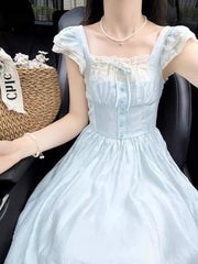 Hnewly  Summer Sweet Fly Sleeve Blue Bownot Fairy Dress Slim French Style Patchwork Lace Dress A-line Women Casual Dress