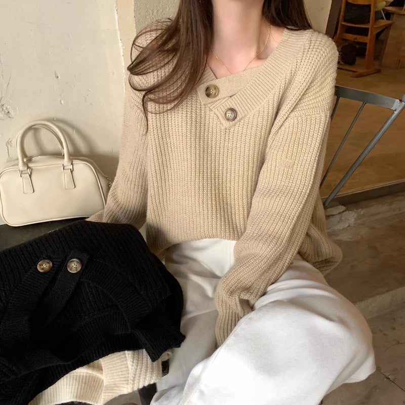 Hnewly  V-neck Knit Pullover Women Slouchy Long Sleeve Drop Shoulder Sweater with Buttoned Strap Cozy Knitwear Autumn Winter Chic Outfit
