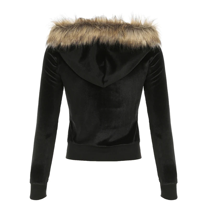 Hnewly trashy outfits Black Velvet Faux Collar Hooded Sweats Women’s Long Sleeve Causal Simple Hoodies Autumn High Fashion Clothes
