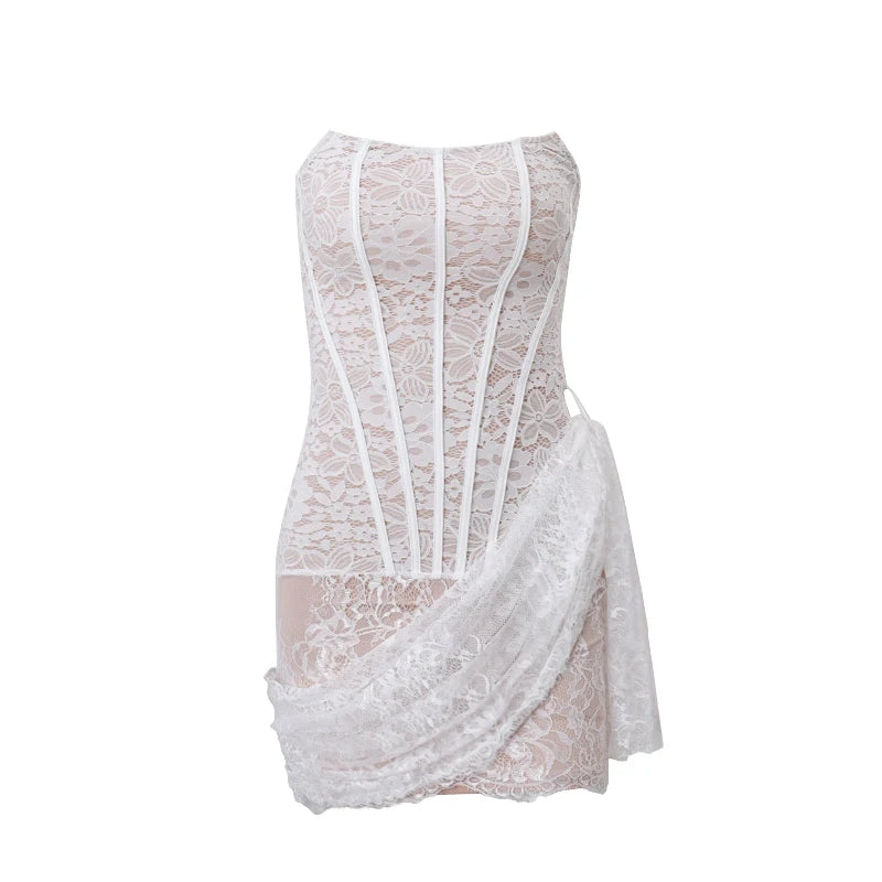Hnewly  Elegant Lace Strapless Sexy See-through Dress Bandage Irregular Mini Dresses For Women Summer Slim Street Party Dress