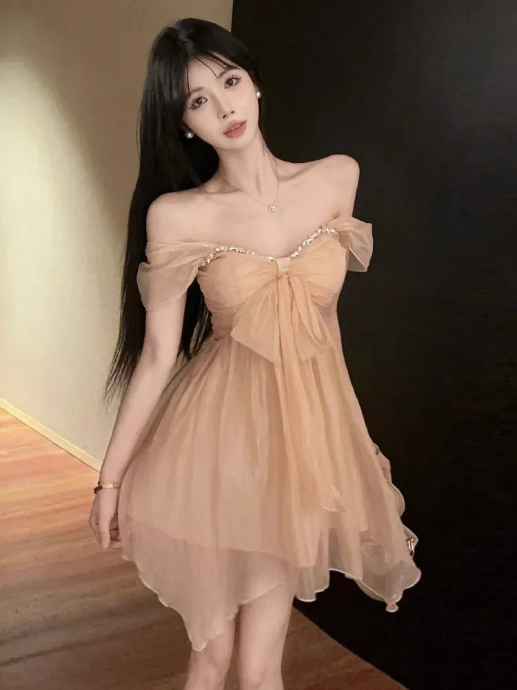 Hnewly  Mini Dresses Women Rhinestone Off Shoulder Bow Slim Backless Irregular Solid Backless Party Dress Elegant Ladies Sweet