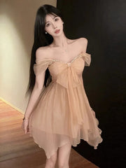 Hnewly  Mini Dresses Women Rhinestone Off Shoulder Bow Slim Backless Irregular Solid Backless Party Dress Elegant Ladies Sweet