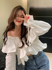Hnewly Off Shoulder Ruffles White Shirt Women Flare Sleeve Sexy Cropped Slim Blouse Korean Fashion Slash Neck Female Elegant Tops