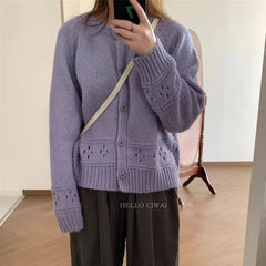Hnewly  Pointelle Cardigan Women Long Sleeve Crew Neck Button Down Knit Sweater Jacket Autumn Winter French Chic Outfit
