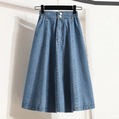 Hnewly  Classic Basic High Waist Blue Denim Pleated Skirt Women Elastic Loose Fashion With Buttons A-Line Streetwear Medium Length Dress