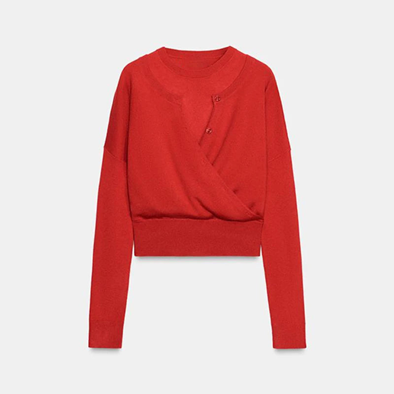 Hnewly  Sexy Off Shoulder Knit Sweater Women Red Fake 2 Piece Buttons Long Sleeve Cropped Pullover Autumn Winter Lady Chic Knitwear