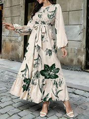 Hnewly  An Elegant Long-sleeved Dress For Middle Eastern Ladies With Random Floral Prints And Lantern Sleeves