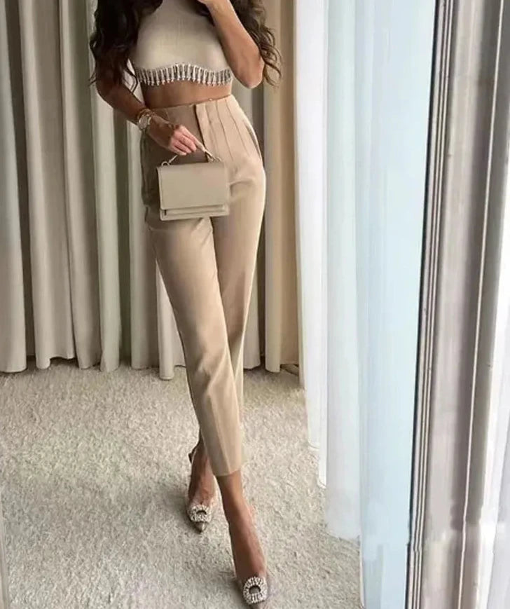 Hnewly Women Fashion With Pockets Casual Basic Solid Pants Vintage High Waist Zipper Fly Female Ankle Trousers Pantalones Mujer