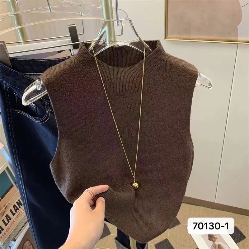 Hnewly White Knitted Camisole Sleeveless Vest For Women Spring Summer Half High Neck Short   Basic Bottom Top Korean Version Trendy Tee