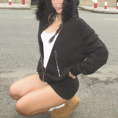 Hnewly  Goth Dark Faux Fur Collar Hooded Zip Up Hoodies Gothic Grunge Pockets Autumn Black Jackets Female Y2k Streetwear egirl Cardigans