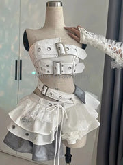 Hnewly  Summer New Patchwork 2-piece Set Women Design Y2k Sexy Slim Off Shoulder Tops + Vintage High-waist Lace Irregular Skirt Set