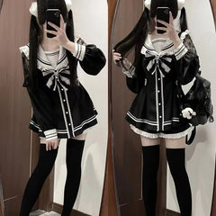 Hnewly DRESS TO IMPRESS Japanese Black Gothic Y2k Lolita Bow Dress Shorts Set Women Vintage Sweet Long Sleeve Shirt Party Dresses Slim Mini Dress 2000s